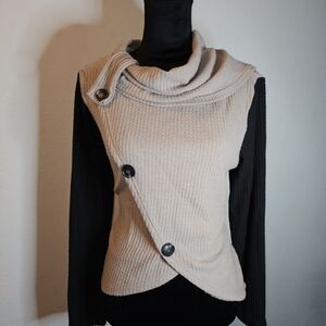 Women's Cream Ribbed Asymmetrical Cowl Sweater with Button Detail